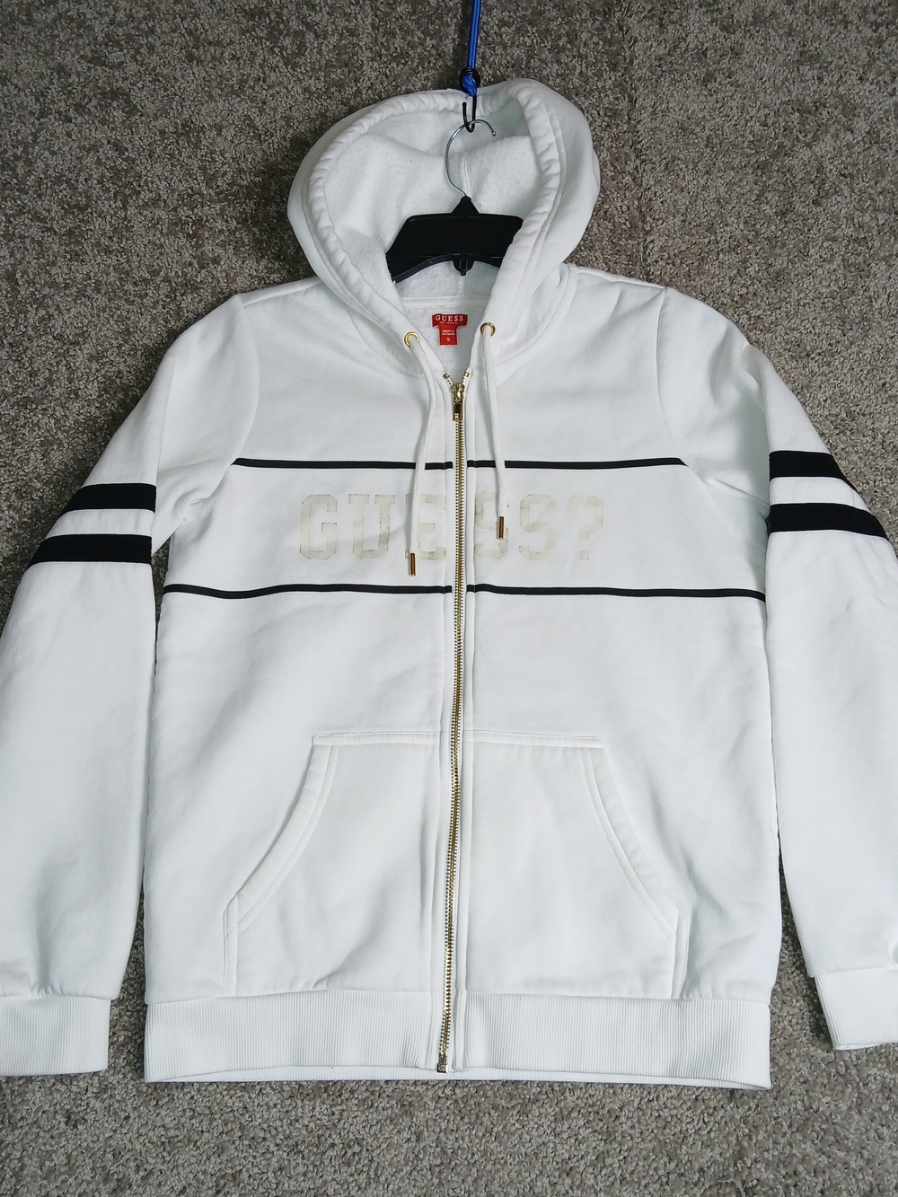 GUESS Men's White Zip-Up Hoodie with Black‎ Stripe Accents - Small